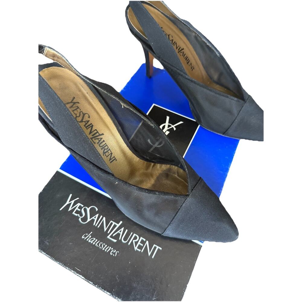YSL Yves Saint Laurent Black Mesh Slingback Heels Made in Italy Designer Pumps 7 - Picture 10 of 13
